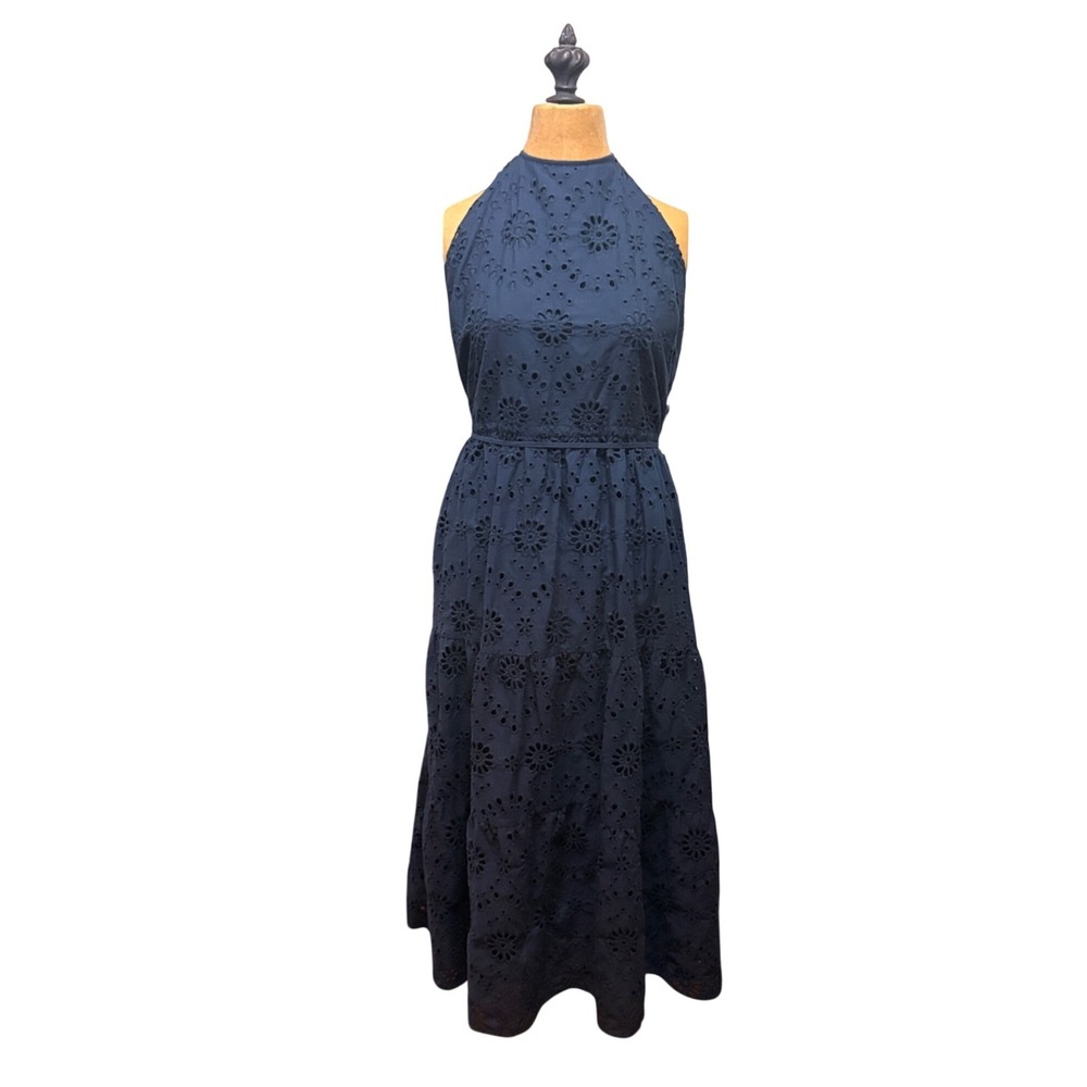 New Navy Eyelet Halter Midi Dress Tiered Skirt Size 14/16 Romantic Airy Coquette